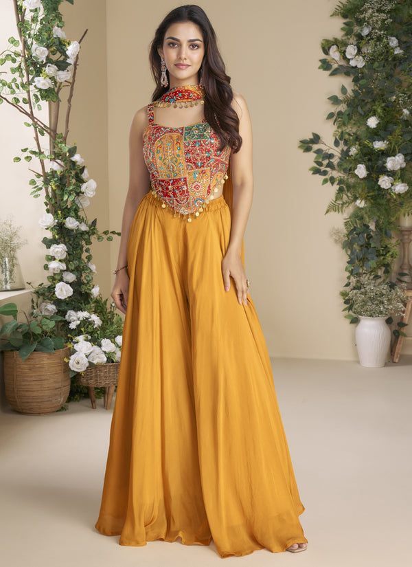 Vegaa Fashion Mustard Chinon Silk Embroidered Western Palazzo Suit