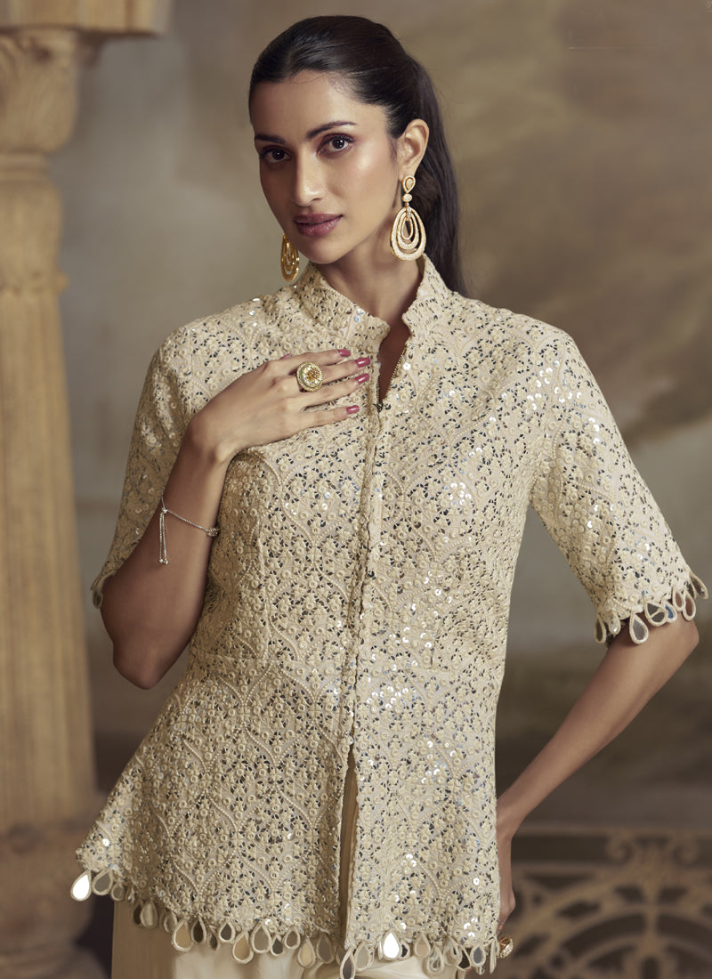 Vegaa Fashion Cream Georgette Embroidered Palazzo Suit