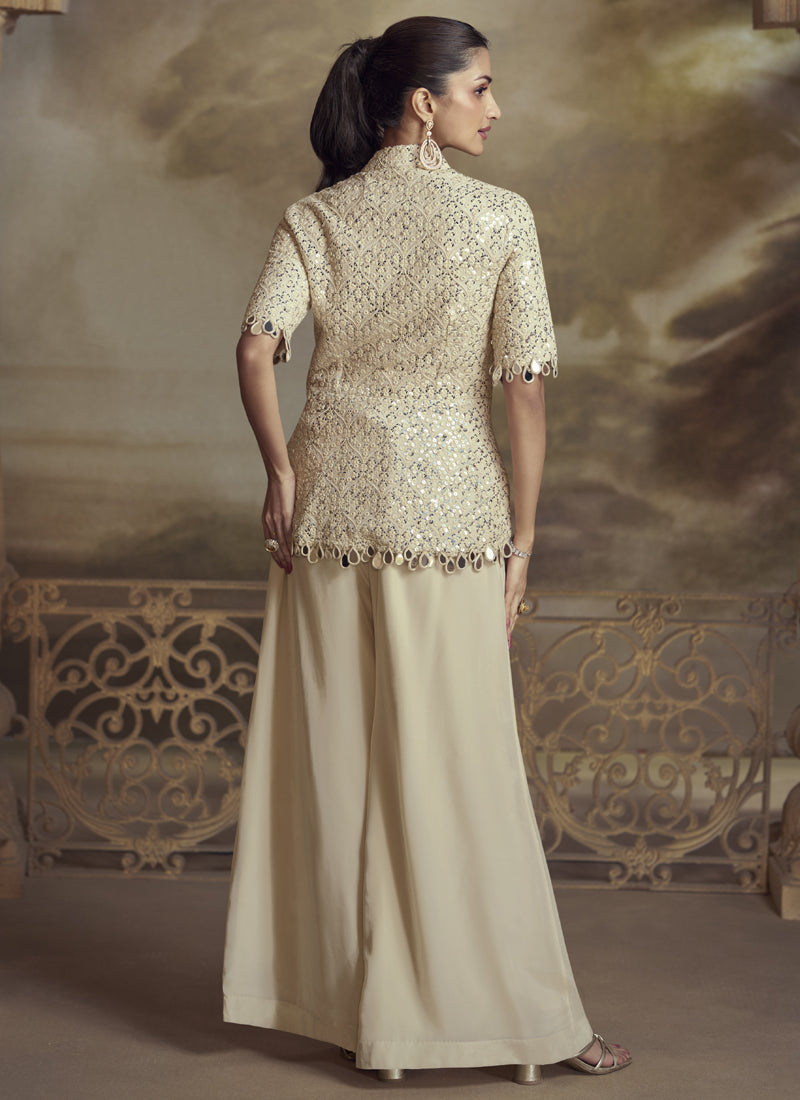 Vegaa Fashion Cream Georgette Embroidered Palazzo Suit
