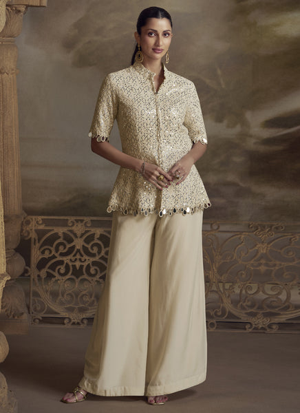 Vegaa Fashion Cream Georgette Embroidered Palazzo Suit