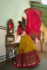 Thumbnail for Vastranavya Floral Print With Foil Print Tussar Silk Lehenga With Unstitched Blouse - Mustard