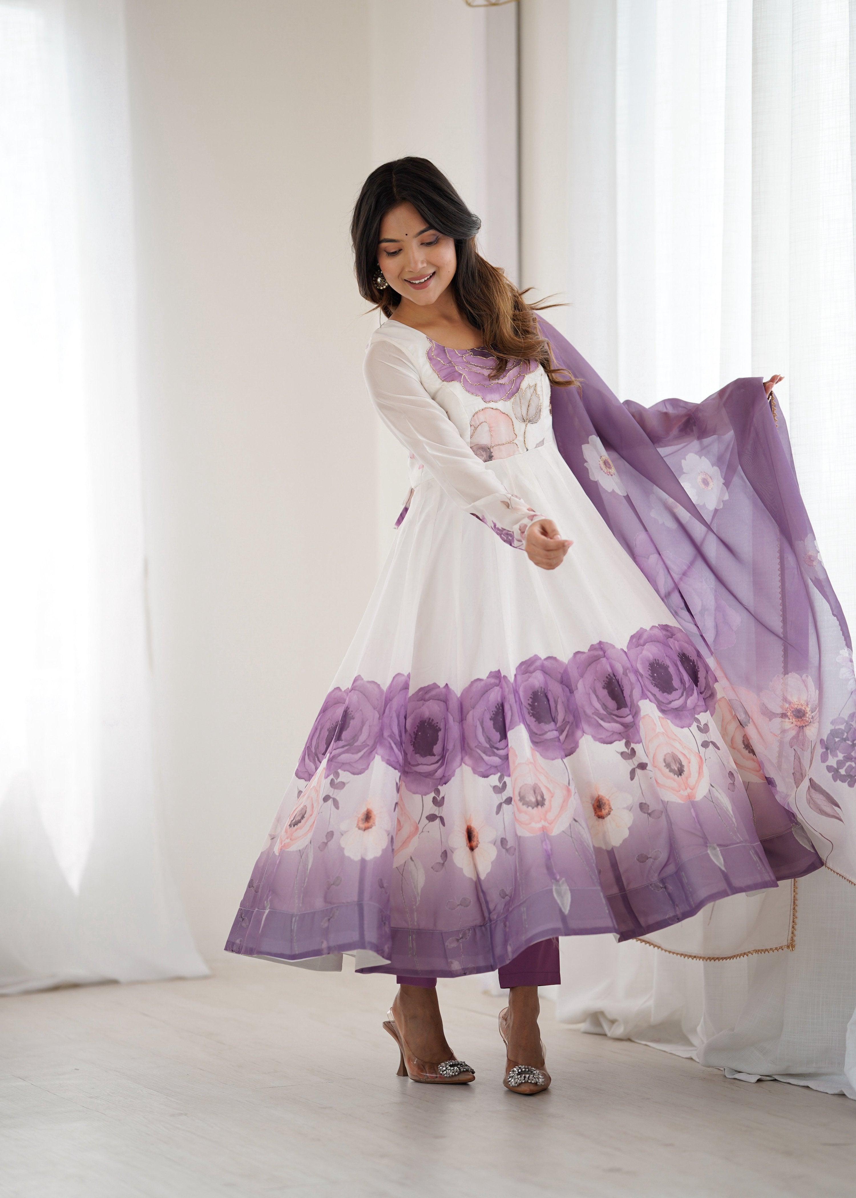 Evanik Violet Soft Organza Silk With Floral Print Fully Flared Anarkali Pant With Dupatta Set