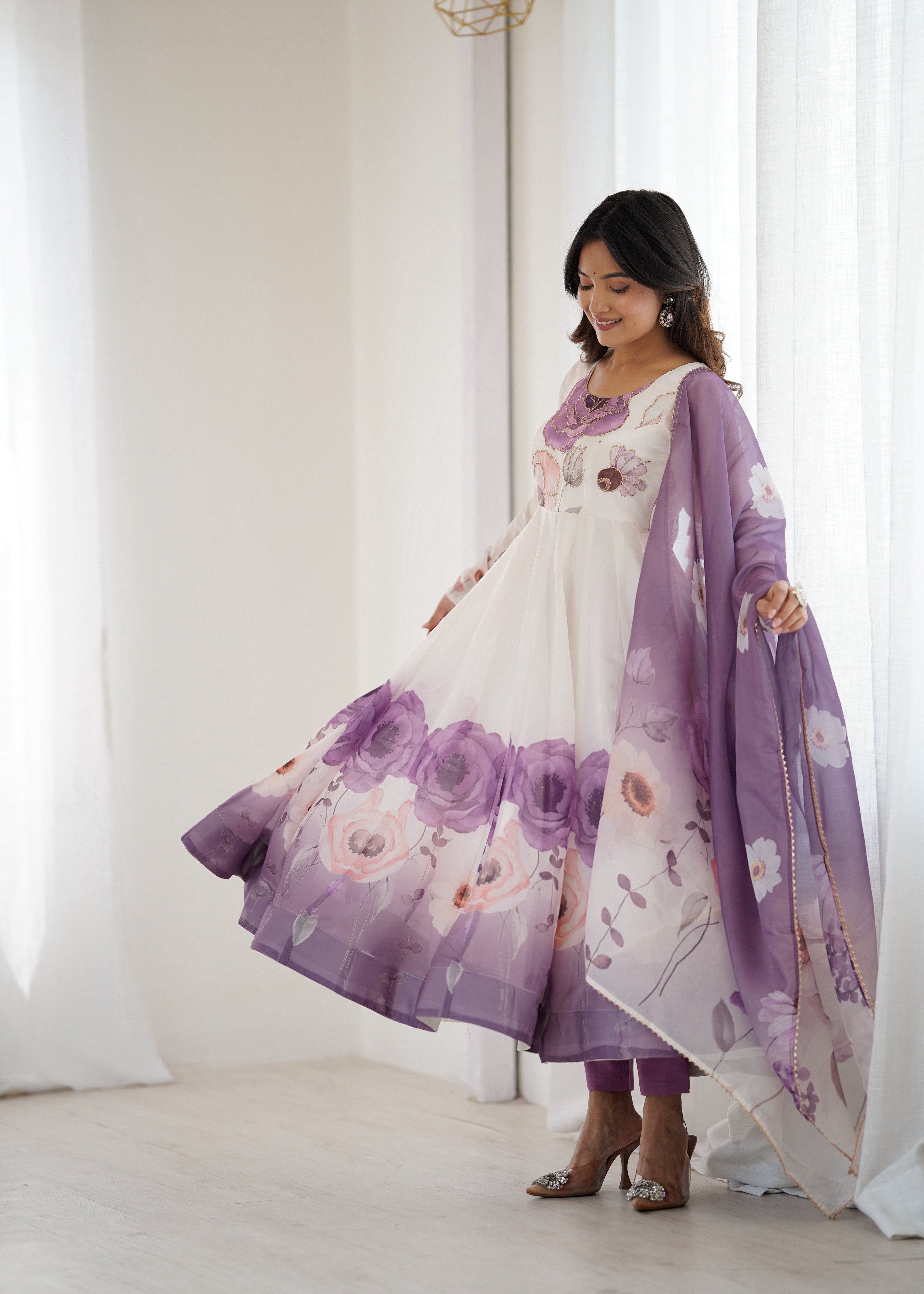 Evanik Violet Soft Organza Silk With Floral Print Fully Flared Anarkali Pant With Dupatta Set