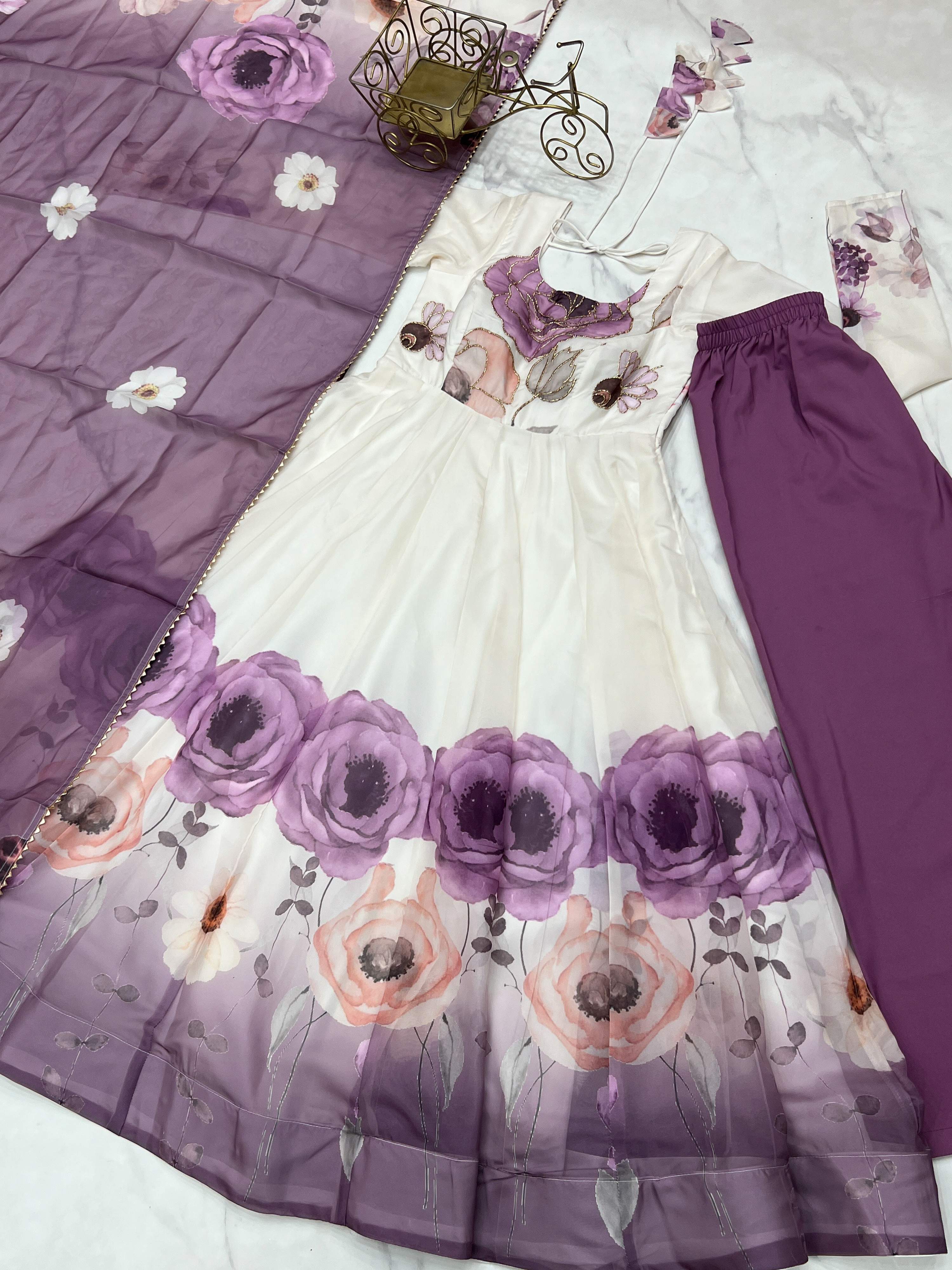 Evanik Violet Soft Organza Silk With Floral Print Fully Flared Anarkali Pant With Dupatta Set