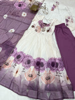 Thumbnail for Evanik Violet Soft Organza Silk With Floral Print Fully Flared Anarkali Pant With Dupatta Set