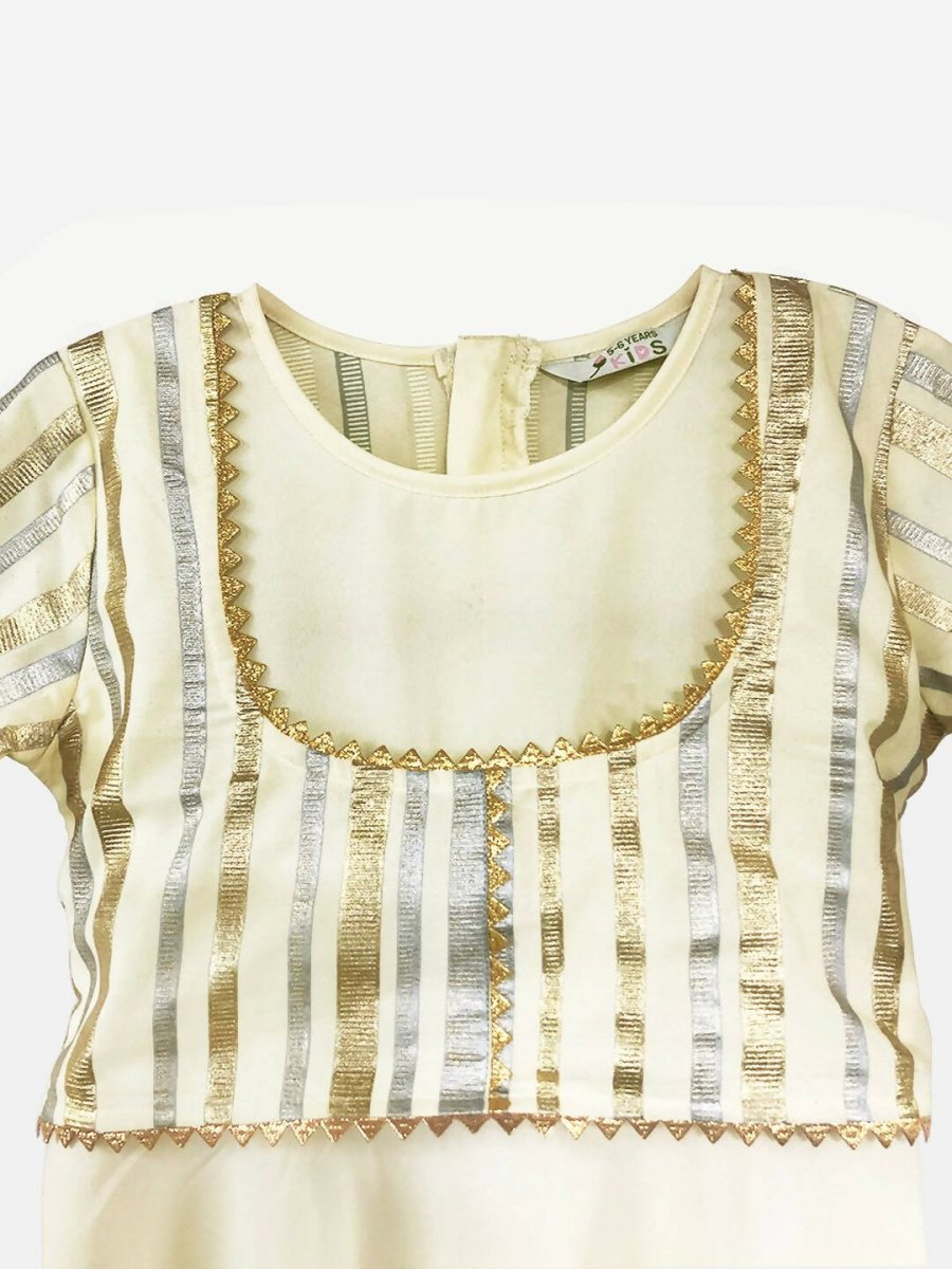 Ahalyaa Cream Crepe Gold Foil Printed Kids Kurta with Jacket For Girls - Distacart