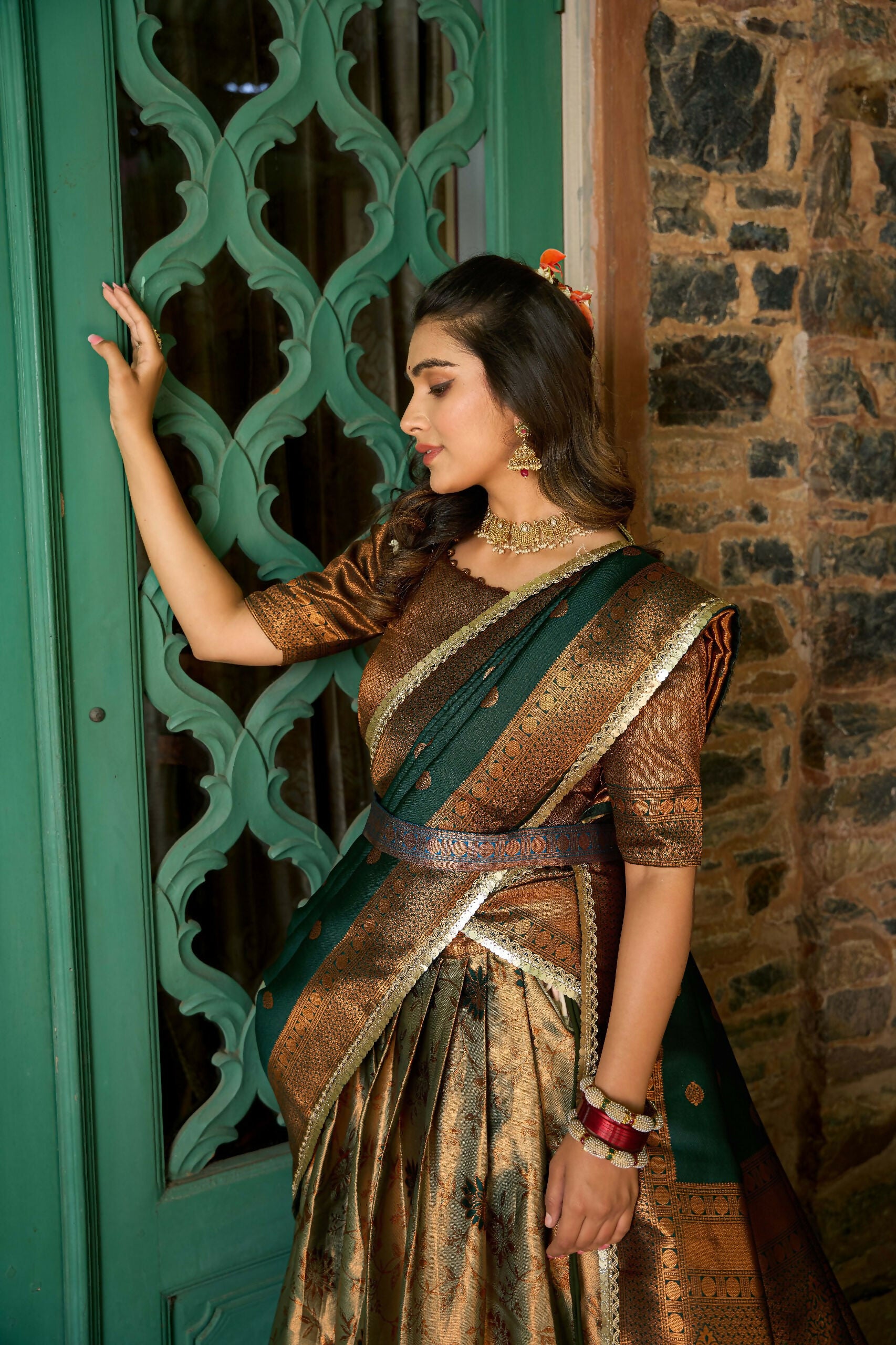Vastranavya Traditional Jacquard Silk Zari Weaving Silk Lehenga Choli - Green - Distacart