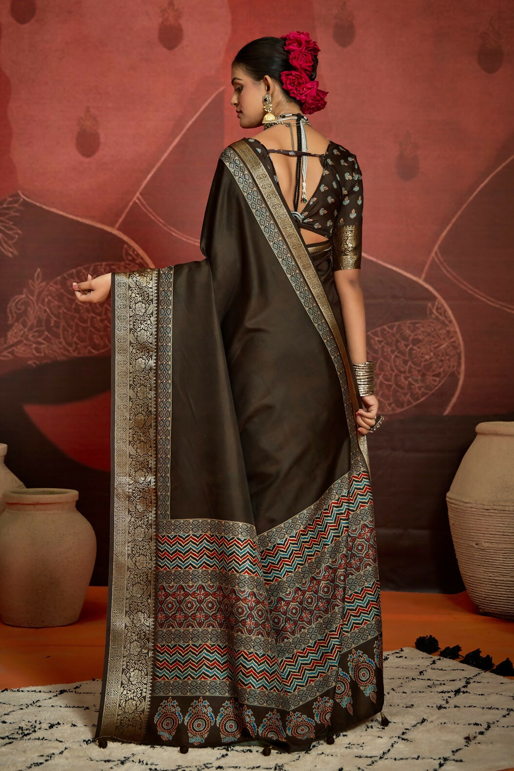 Joban Fashion Brown Art Silk With Fine Viscose Border Ajrak Full Body Print With Soft Finish Saree