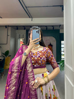 Thumbnail for Vastranavya Floral And Patola Print With Foil Work Lehenga with Unstitched Blouse - Wine - Distacart