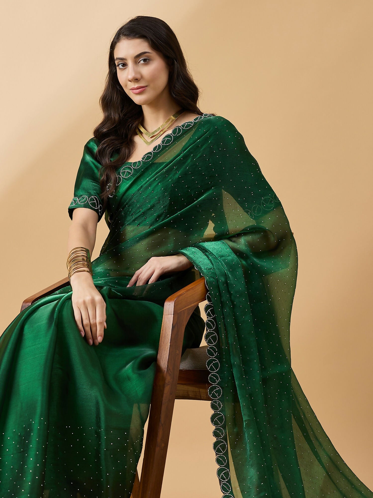 Green Organza Swaroski Diamond Work Saree with Unstitched Blouse - Radha - Distacart