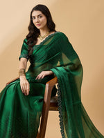 Thumbnail for Green Organza Swaroski Diamond Work Saree with Unstitched Blouse - Radha - Distacart