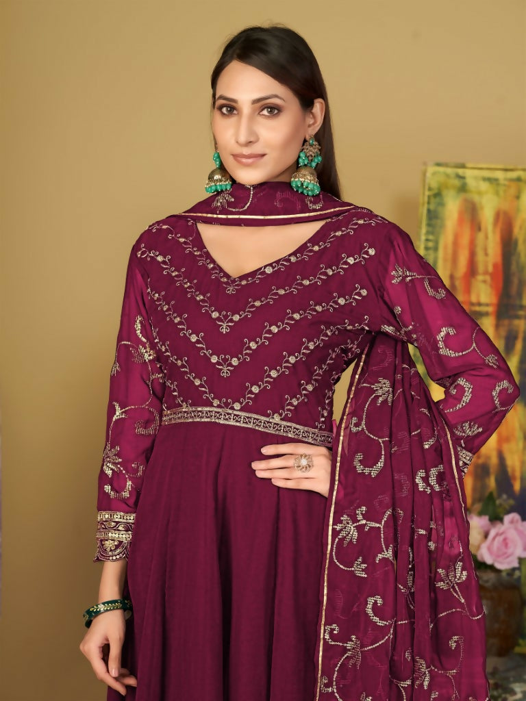 Jyoti Fashion Women's Rani Pink Georgette Embroidered Anarkali Kurta Pant Set With Dupatta