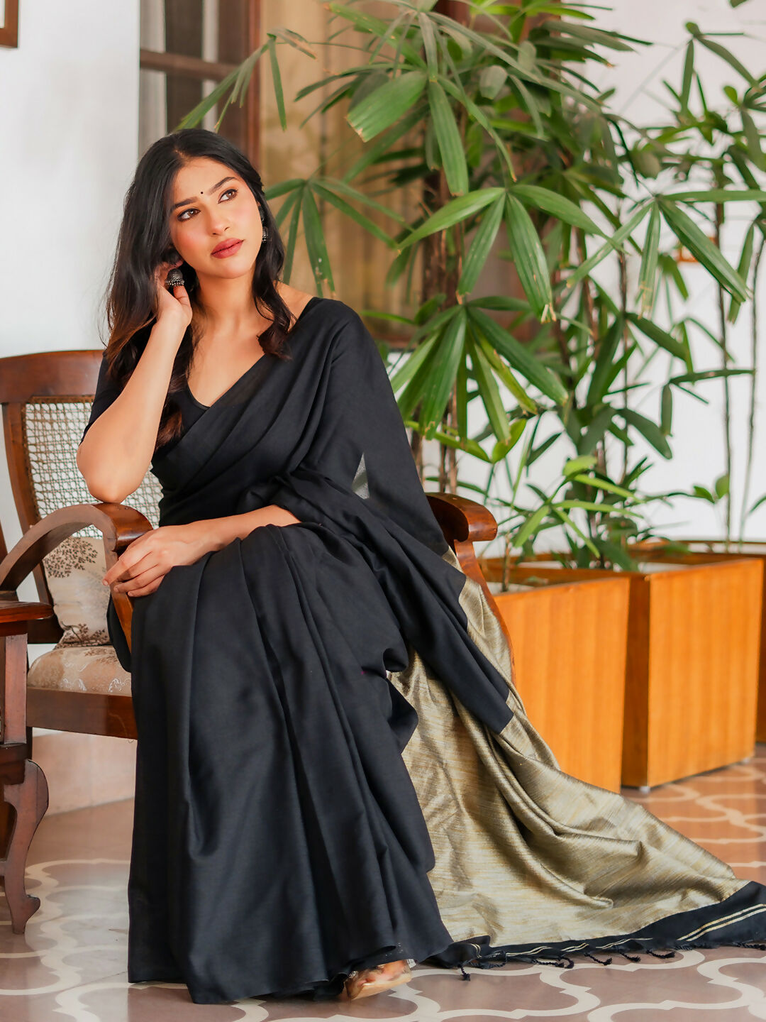 Zibaa Black & Gold Mul Cotton Saree