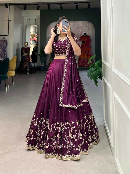 Vastranavya Vichitra Silk Sequins And Thread Embroidery Work Lehenga Choli - Wine - Distacart