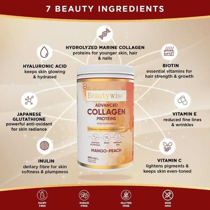 Beautywise Advanced Marine Collagen Anti-Aging Powder - Glutathione, HA & Biotin - Mango-Peach - Distacart