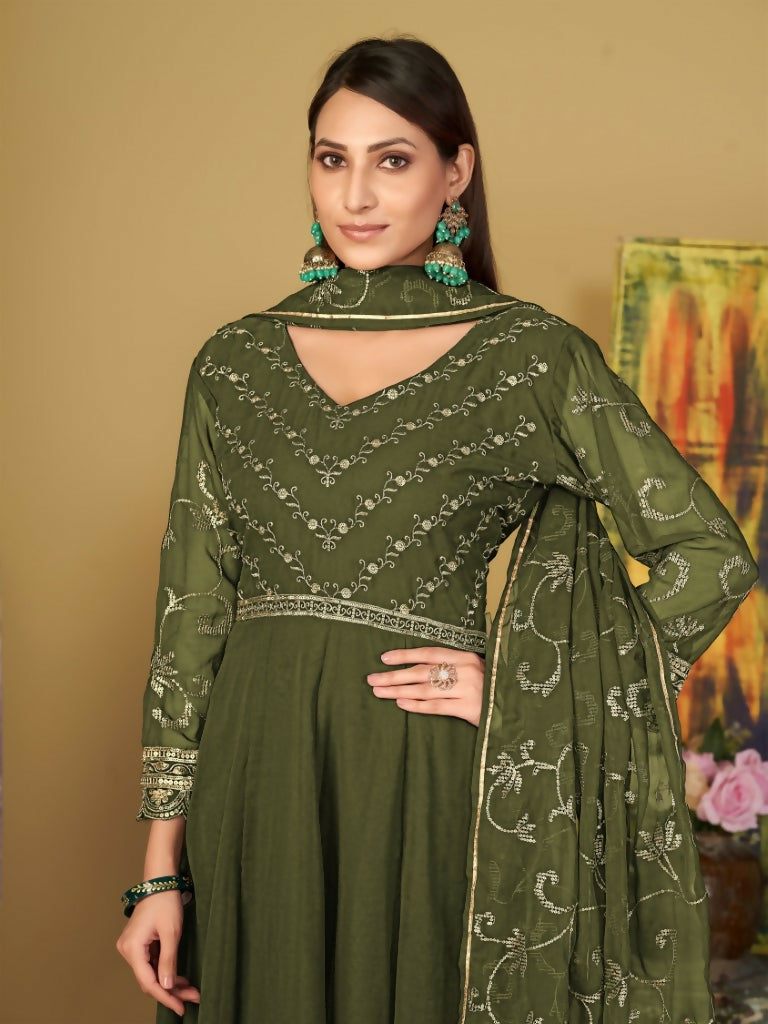 Jyoti Fashion Women's Olive Green Georgette Embroidered Anarkali Kurta Pant Set With Dupatta