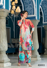 Thumbnail for Designer Stylish Light Brown With Sky Pure Muslin Stitched Suit - Apoorva