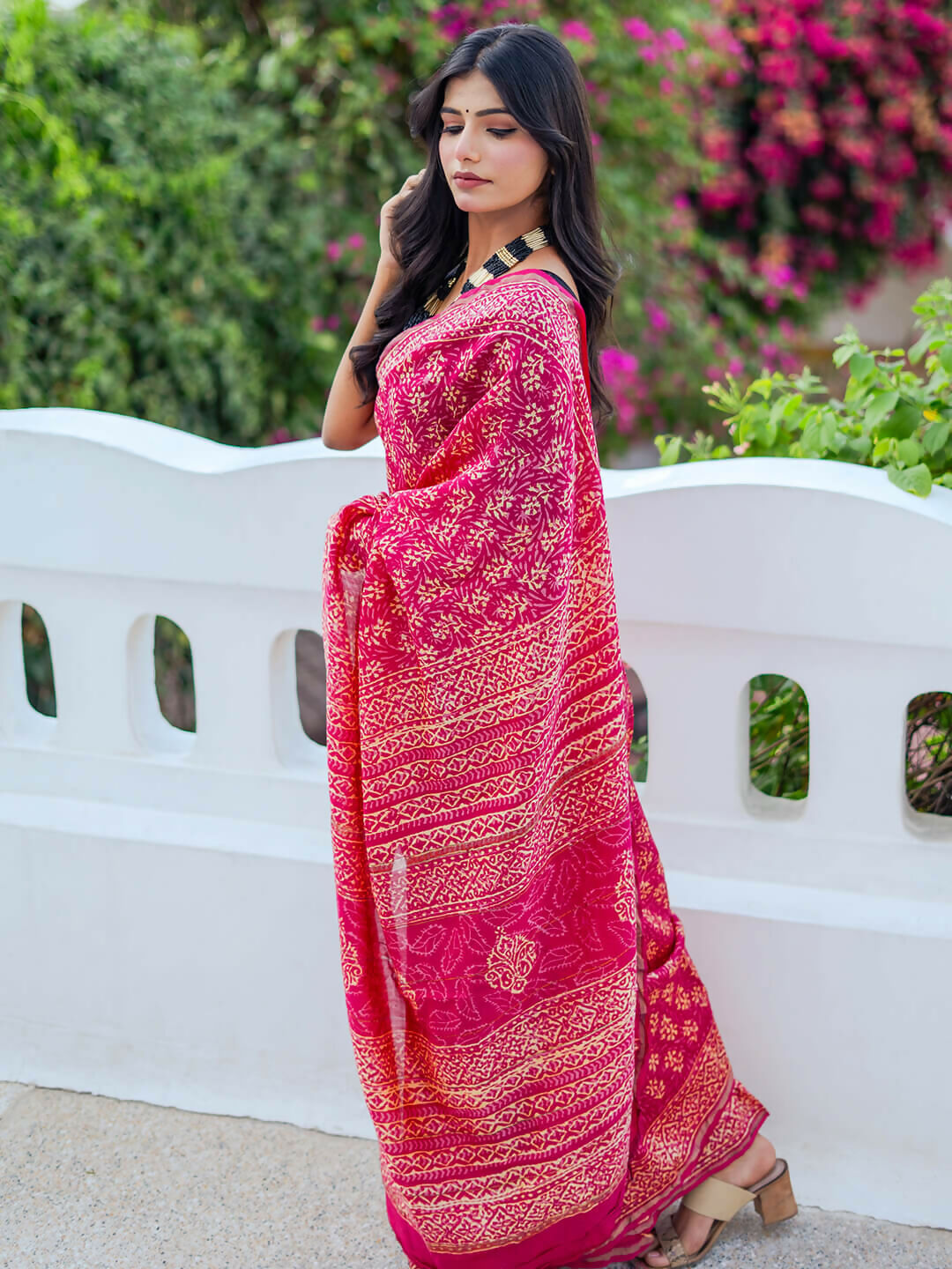 Zibaa Hand-Blocked Pure Chanderi Silk Pink Saree