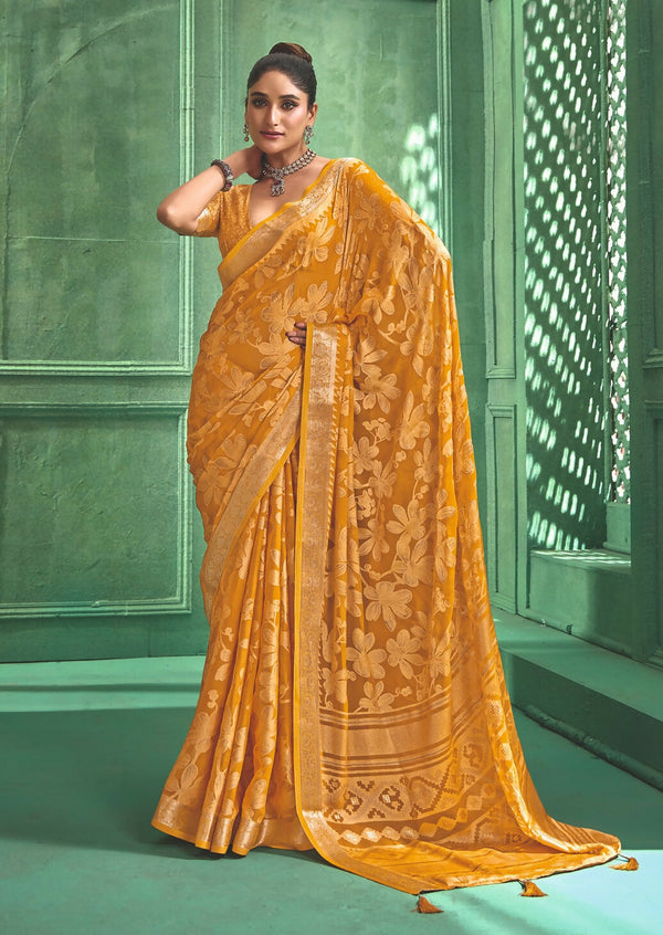 Joban Fashion Yellow Dull Moss Brasso With Kasab Zari Border Saree & Tassels With Brasso Blouse