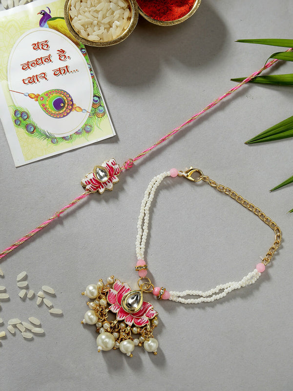 NVR Women & Men Set of 2 Pink Lotus Shape Kundan-Studded & Beaded Handcrafted Wraparound Rakhi Set With Roli Chawal - Distacart