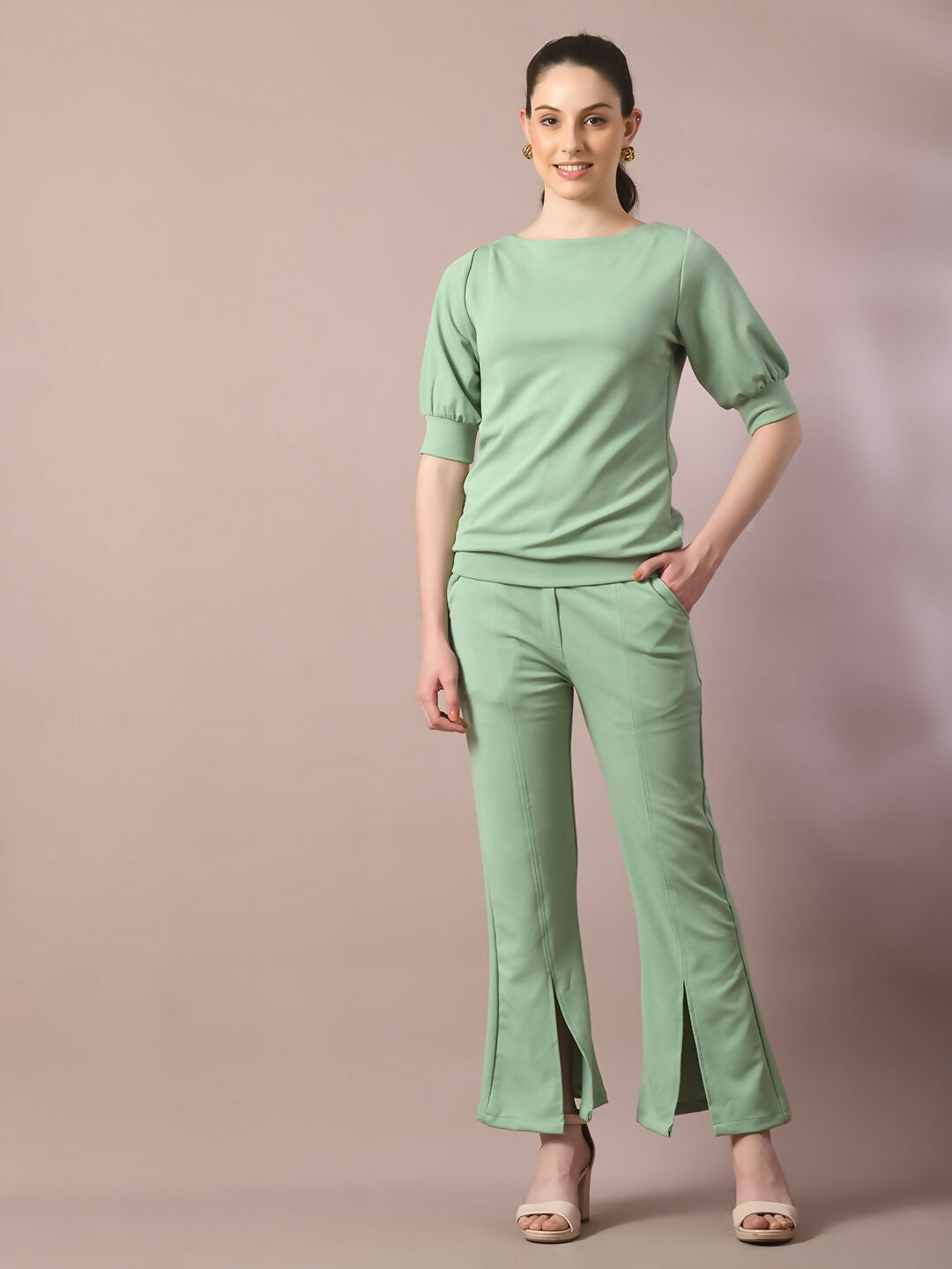 Myshka Women's Sea Green Solid Party Parallel Trousers - Distacart