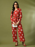 Thumbnail for Myshka Women's Rust Printed Polo Collar Party Top With Trousers Co-ord set - Distacart
