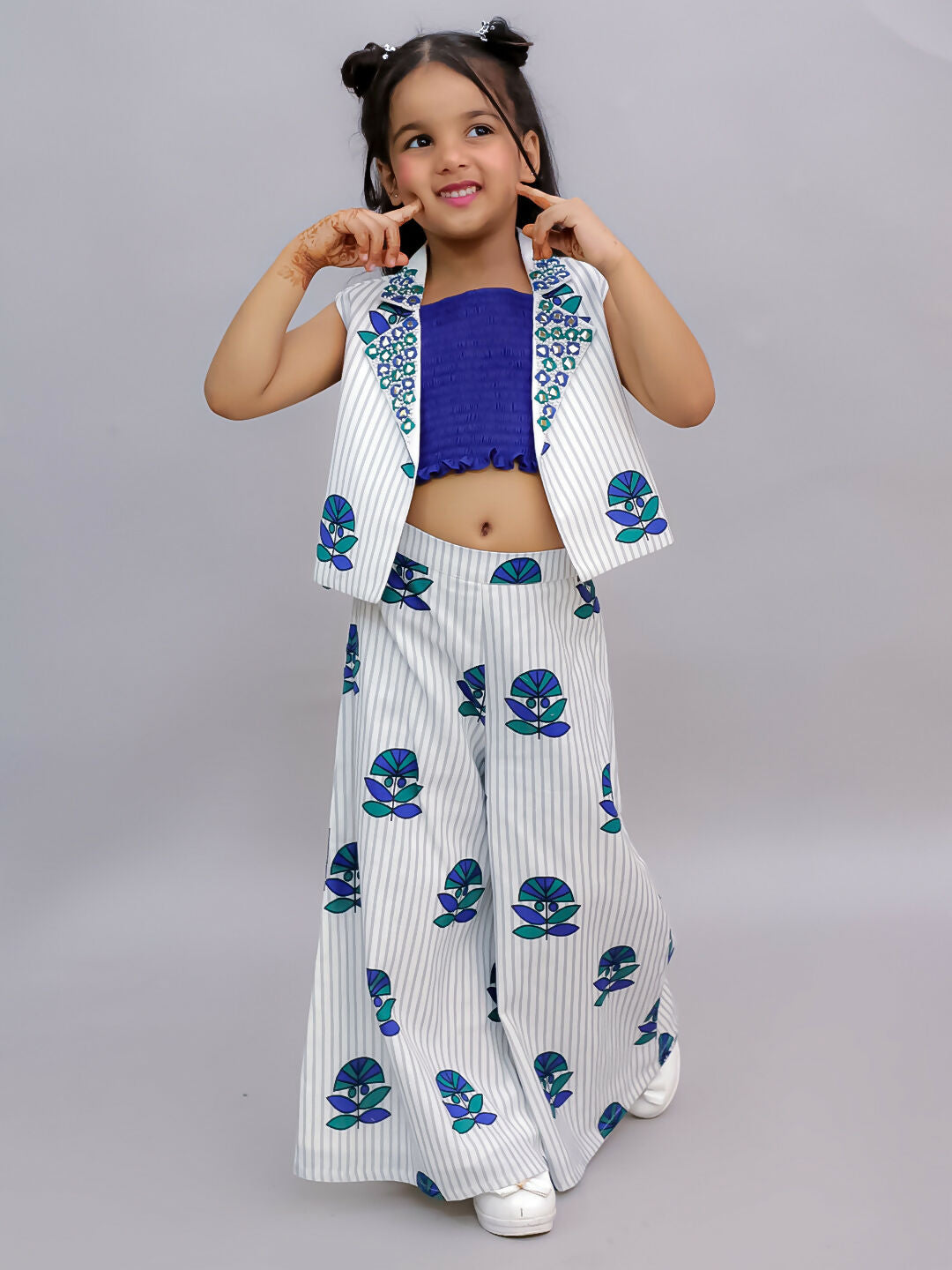 Lil Drama Shor-Gul White Jacket and Pant With Blue Bustier Set For Girls