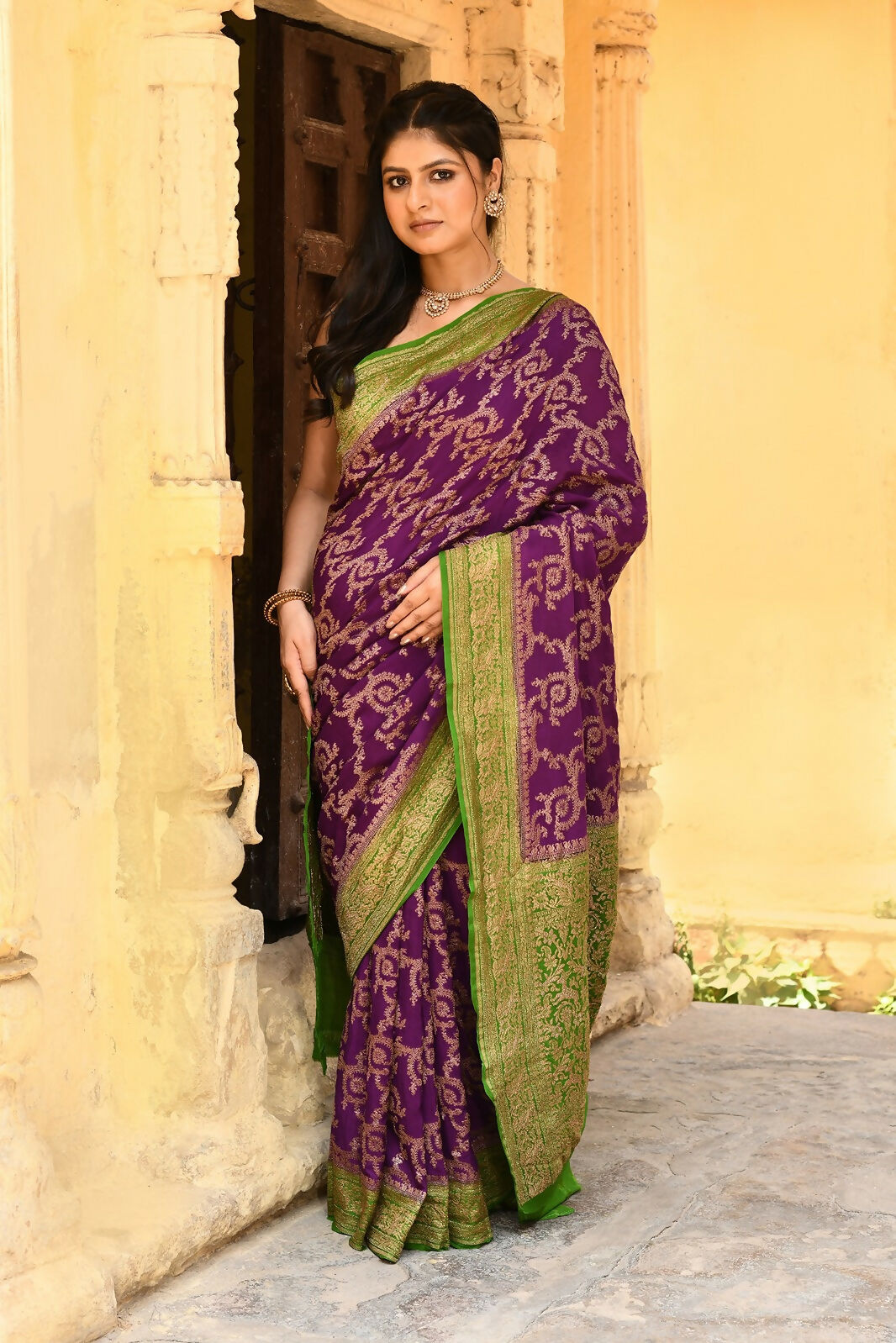 Joban Fashion Purple Crepe Chiffon Pure Handloom Banarasi Silk Saree