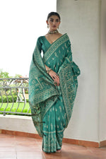 Thumbnail for Vishnu Weaves Women's Rama Handloom Raw Silk Thread Weaving Saree with Blouse