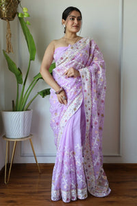 Thumbnail for Aastha Fashion Lavender Heavy Soft Organza Beautiful multicolor thread chain embroidery work with diamond work Saree