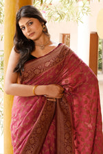 Thumbnail for Joban Fashion Dark Pink Crepe Chiffon Pure Handloom Banarasi Silk Saree