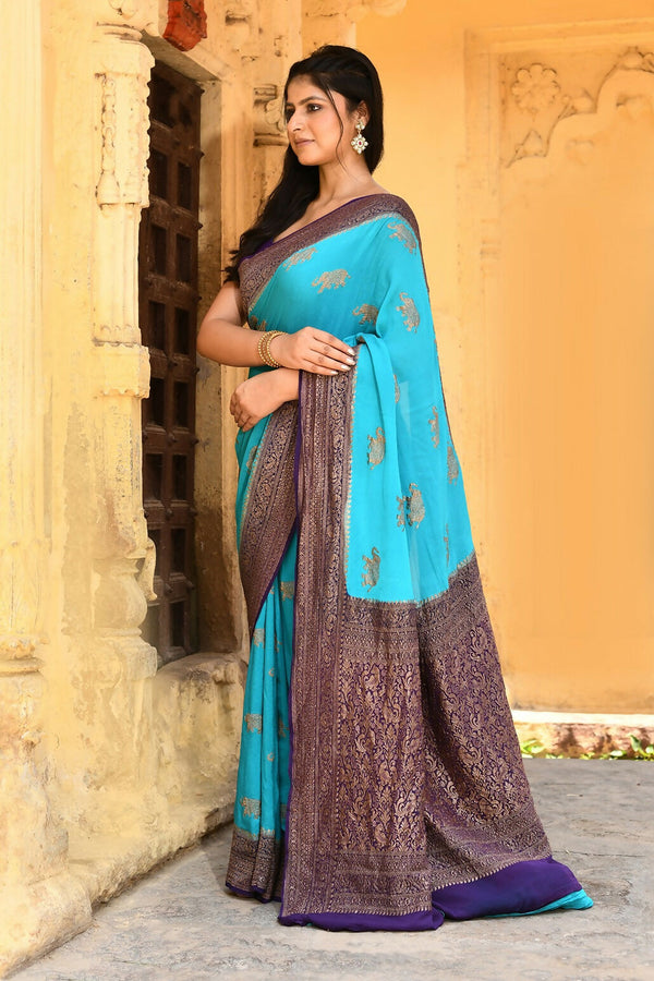 Joban Fashion Sky Blue Crepe Chiffon Pure Handloom Banarasi Silk Saree
