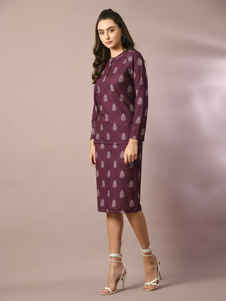 Myshka Women's Magenta Printed Round Neck Party Top With Skirt Co-ord set - Distacart