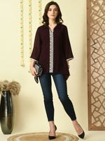 Thumbnail for Myshka Women's Coffee Brown Embroidered Party Fusion Top - Distacart