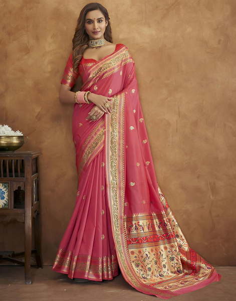 Vastranavya Pink Soft Paithani Silk Saree With Gold Zari Weaving Motifs With Matching Blouse Fabric - Distacart