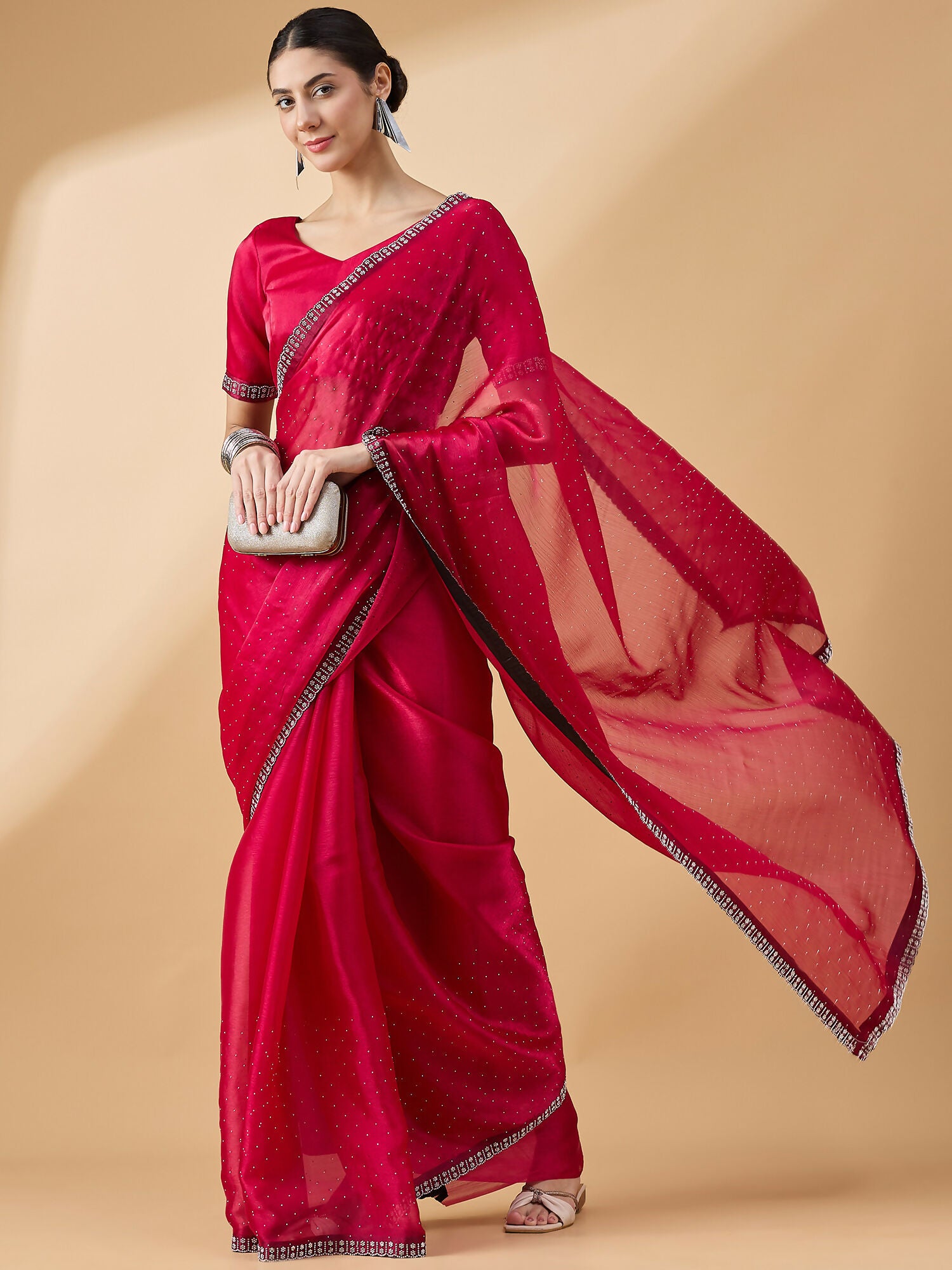 Pink Organza Swaroski Diamond Work Saree with Unstitched Blouse - Radha - Distacart