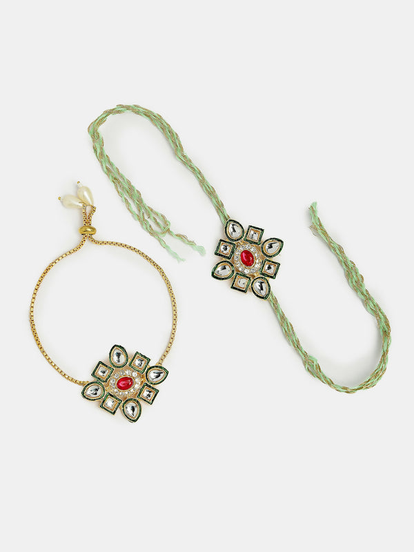 NVR Women & Men Set of 2 Gold Kundan-Studded Handcrafted Wraparound Rakhi Set With Roli Chawal & Chocolate - Distacart