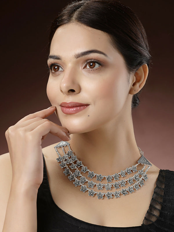 NVR Women's 3 Layered Floral Shape Artificial Beads German Silver Oxidised Necklace - Distacart
