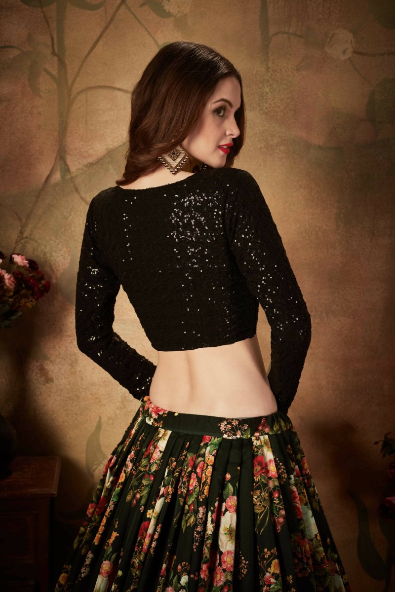 Aastha Fashion Women's Mesmerizing Black Floral Print Organza Silk Wedding Lehenga Choli - Distacart