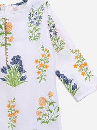 Thumbnail for Ahalyaa White Cotton Straight Floral Printed Kids Kurta Pant Sets With Dupatta For Girls - Distacart