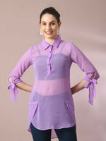 Thumbnail for Myshka Women's Lavender Solid Georgette Longline Party Sheer Tunic - Distacart