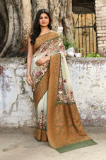Thumbnail for Joban Fashion Olive Green And Ivory Pure Crepe Pure Handloom Banarasi Silk Saree