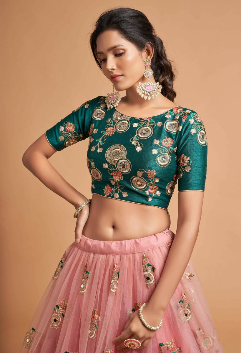Aastha Fashion Women's Amazing Peach Thread Embroidered Net Wedding Lehenga Choli - Distacart