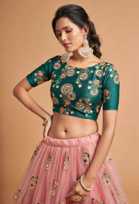 Thumbnail for Aastha Fashion Women's Amazing Peach Thread Embroidered Net Wedding Lehenga Choli - Distacart