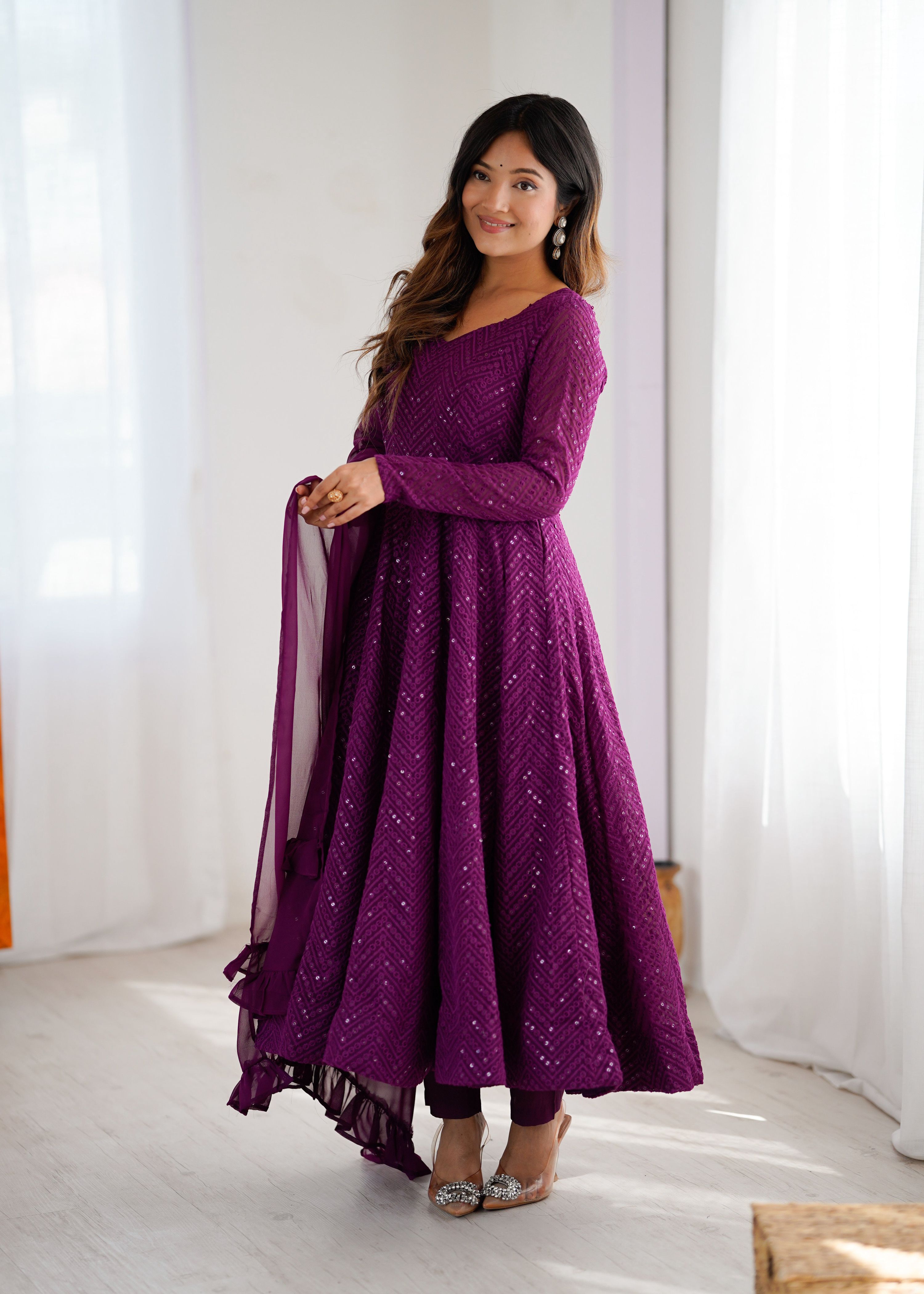 Evanik Wine Heavy Faux Georgette With Lucknowi Work Anarkali Suit