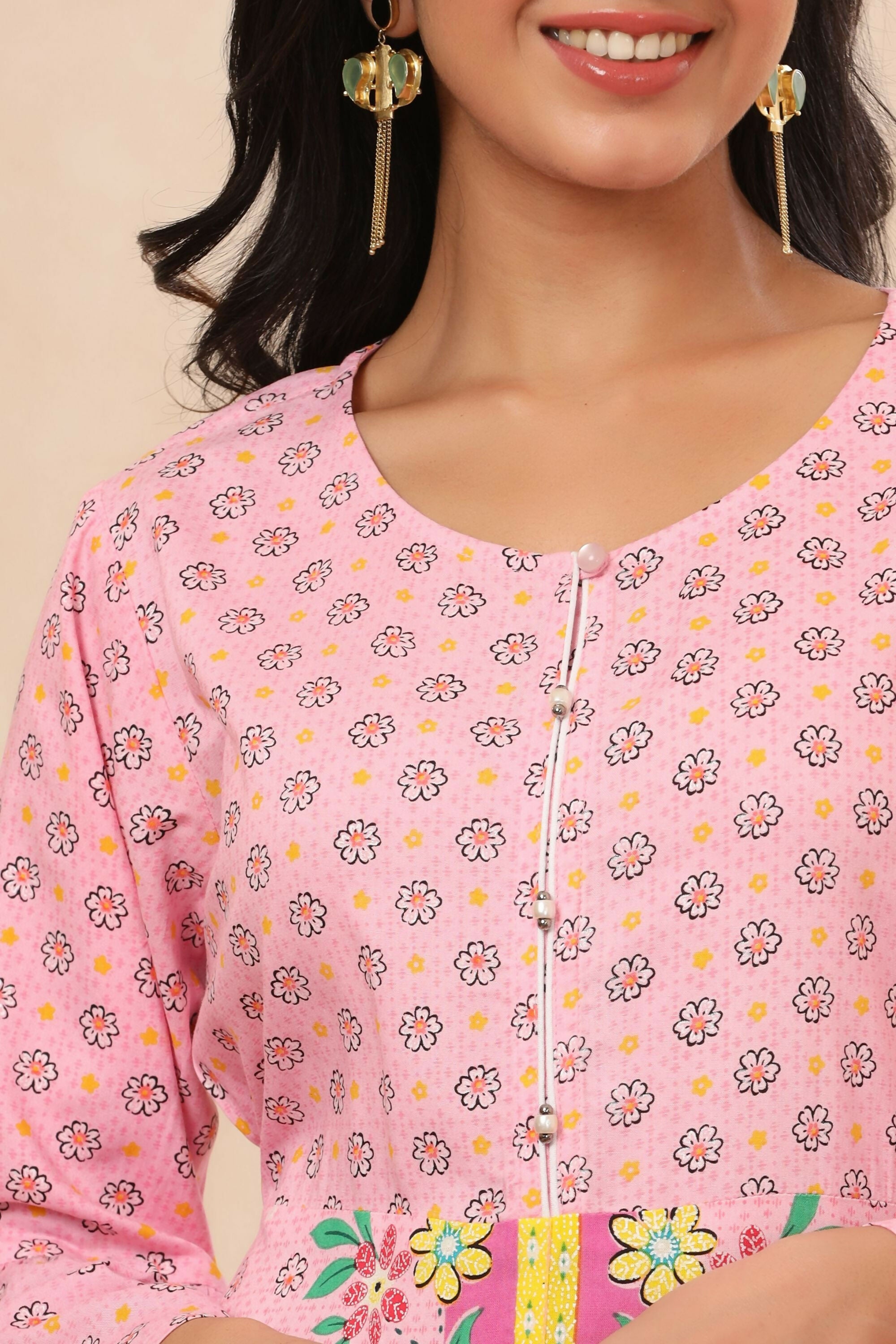Juniper Pink Floral Printed Rayon Kurta With Buttons Closure At Back - Distacart