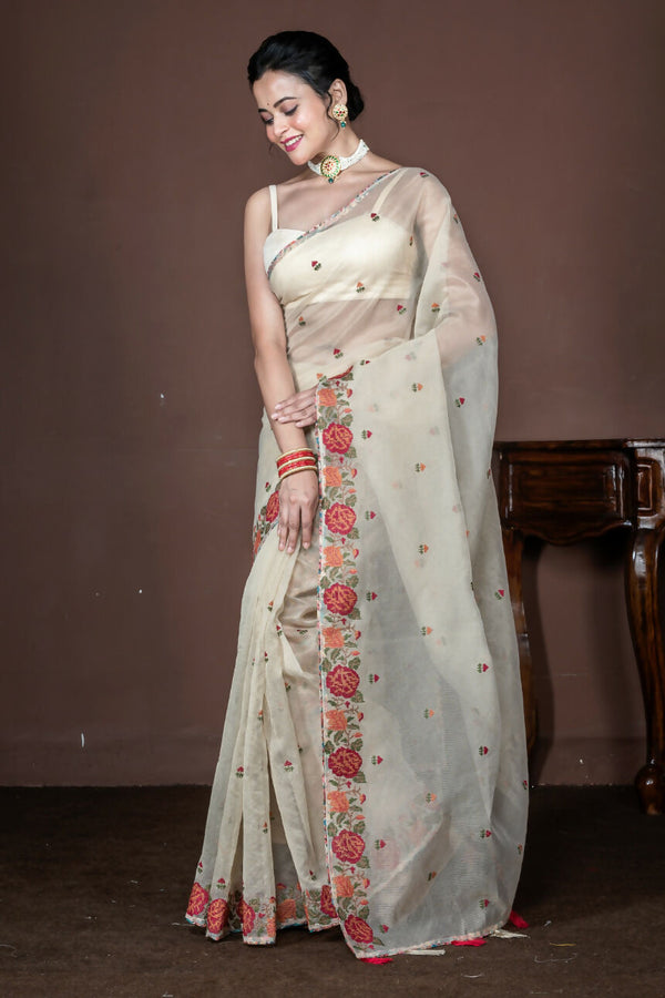 Morchari Beige Supernet Cross Embroidery Saree Unstitched Blouse