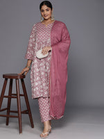 Thumbnail for Sztori Plus Size Floral Printed Sequinned Pure Cotton A Line Kurta & Trousers With Dupatta - Distacart