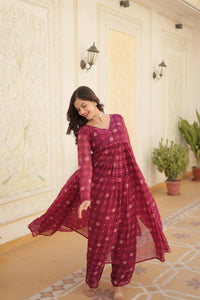 Thumbnail for Aastha Fashion Magenta Faux Georgette Printed Gown With Pant