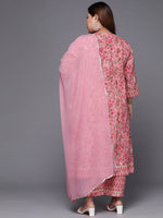 Thumbnail for Sztori Plus Size Floral Printed Gotta Patti Cotton Straight Kurta & Trousers With Dupatta - Distacart